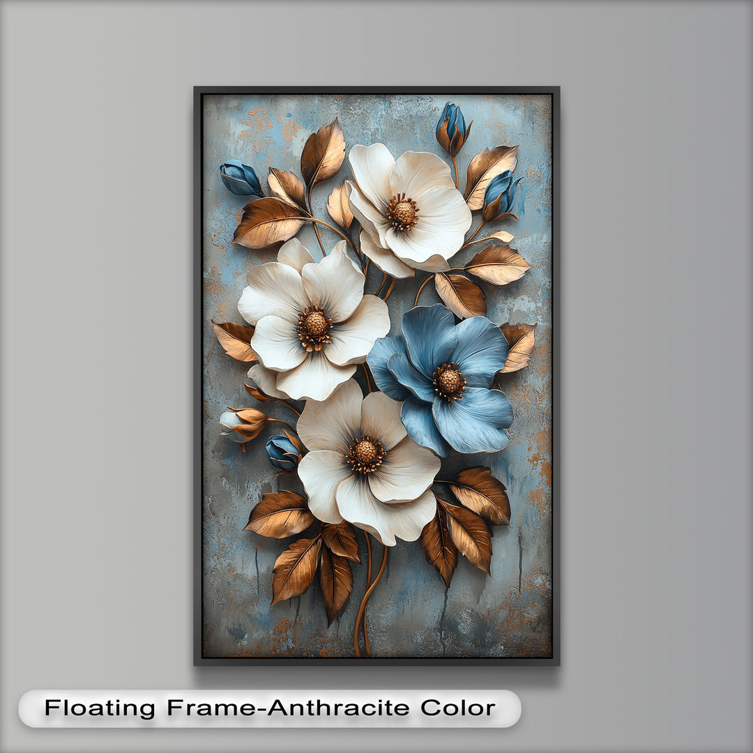Gilded Petals – Luxuriöses Ölgemälde mit weißen und blauen Blumen