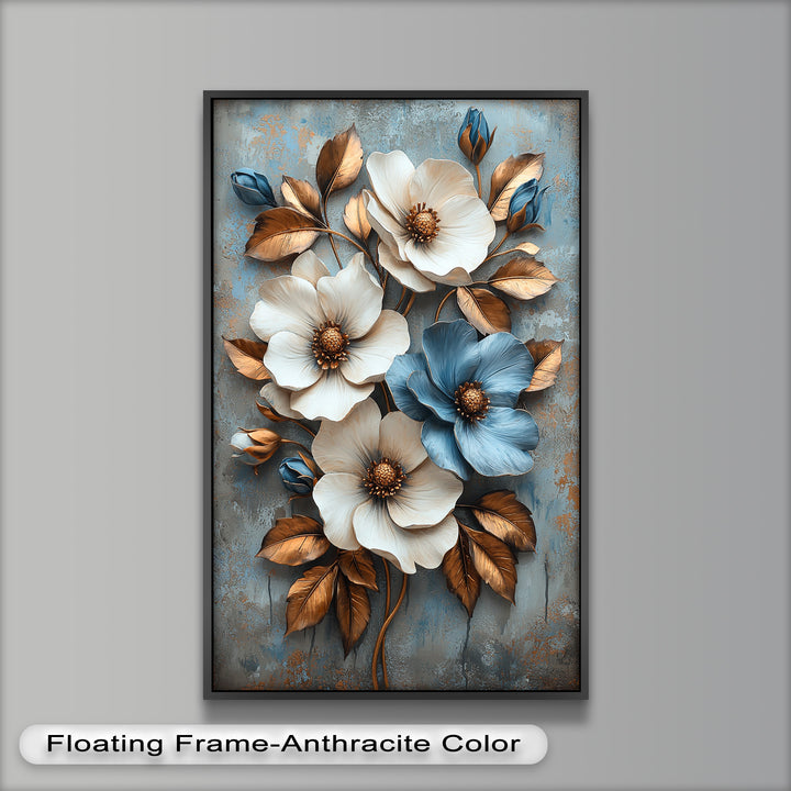 Gilded Petals – Luxuriöses Ölgemälde mit weißen und blauen Blumen