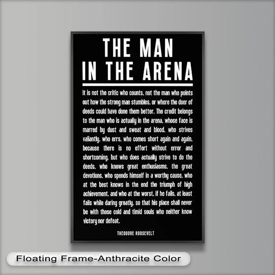 Focal point on the inspiring words in this black and white typographical oil painting that exemplifies modern oil painting art with Roosevelt's famous 'Man in the Arena' quote.