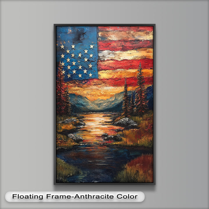 Amerikanische Flagge Sonnenuntergang Landschaft - Patriotisches Ölgemälde