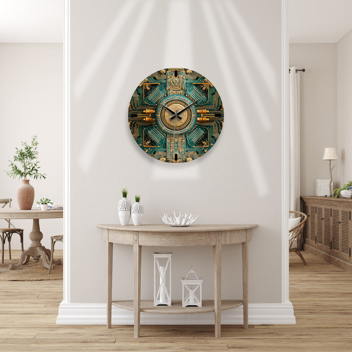 Steampunk-Wanduhr aus Glas – goldenes mechanisches Zahnraddekor