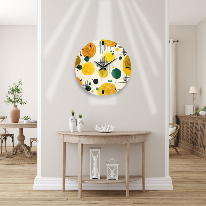 Mustard Yellow Glass Wall Clock – Retro Abstract Circle Art