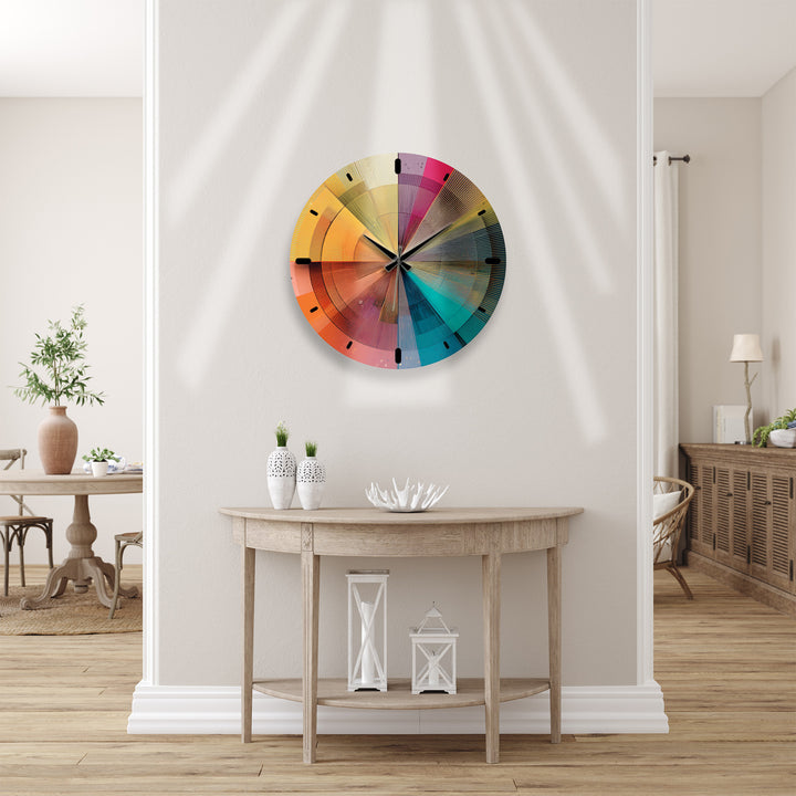 Colorful Geometric Glass Wall Clock – Retro Radial Art