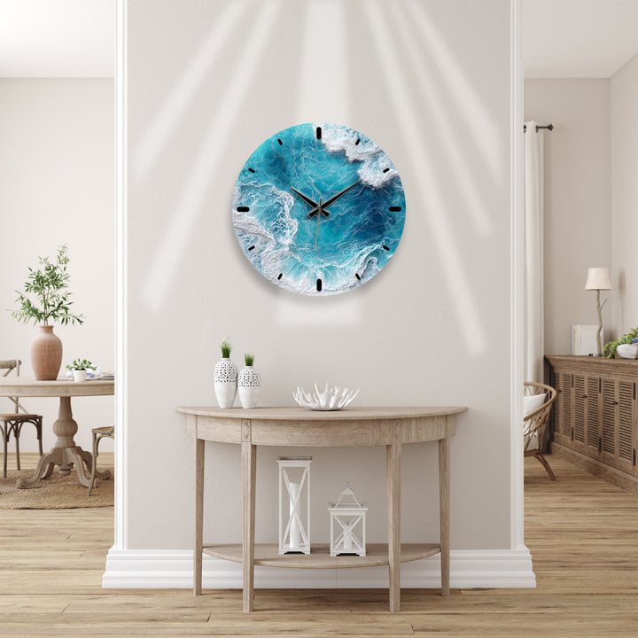Ocean Waves Glass Wall Clock – Blue Coastal Beach House Decor