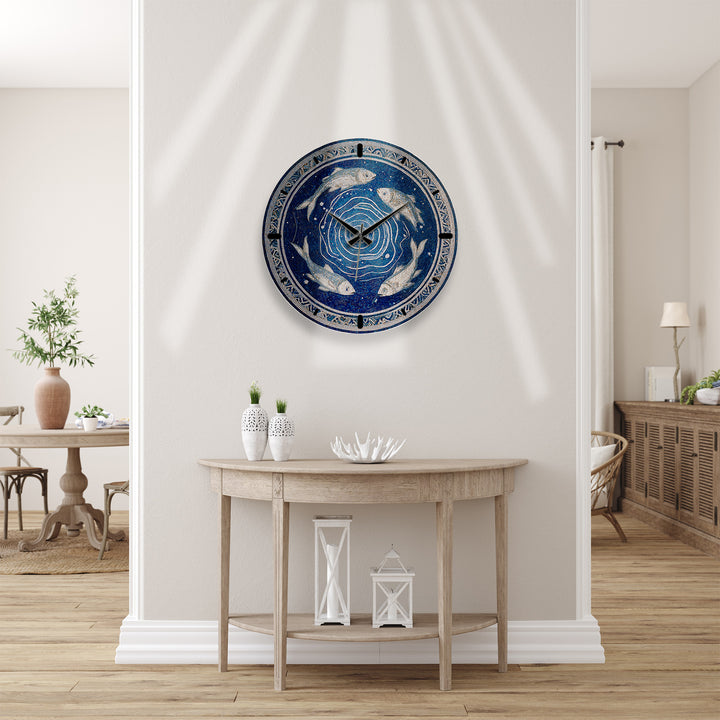 Blue Fish Mosaic Glass Wall Clock – Mediterranean Coastal Decor
