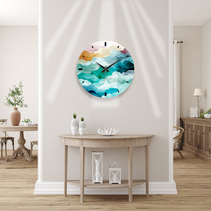 Abstract Mountain Glass Wall Clock – Teal Boho Landscape Decor