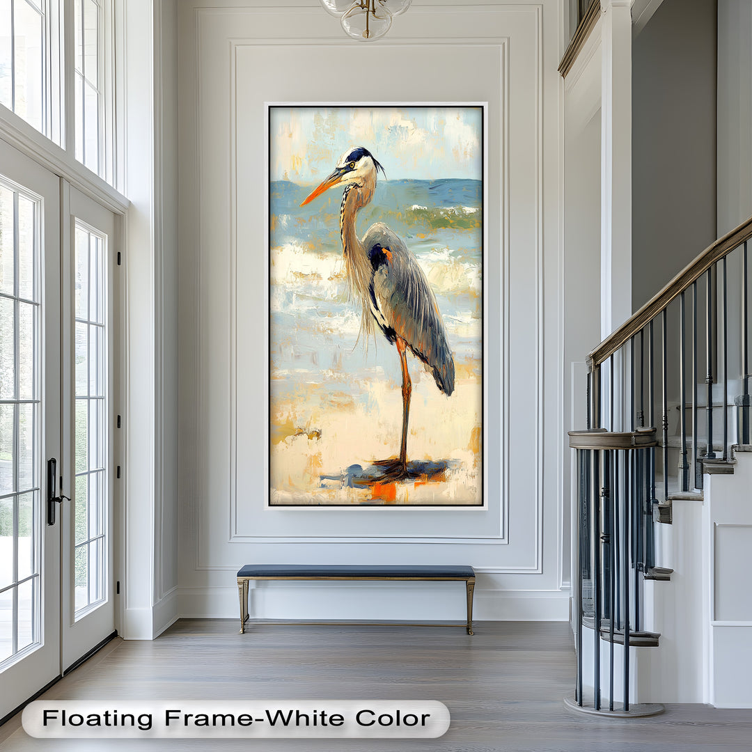 Coastal Heron with Ocean Breeze - Modern Oil Painting