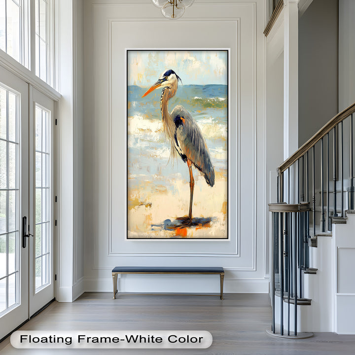 Coastal Heron with Ocean Breeze - Modern Oil Painting
