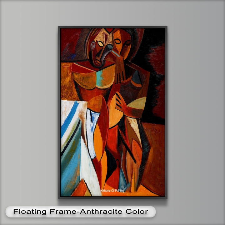 An evocative modernist artwork depicting unity and connection through faceless geometric figures in a warm, abstract space.