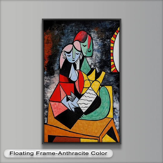 Bold hues dominate this expressive 'Embrace in Color' oil painting artwork, capturing the essence of Picasso's style with its vibrant, cubist design.
