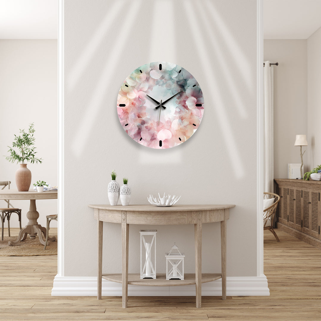 Pastel Hydrangea Glass Wall Clock – Pink Floral Wreath Decor