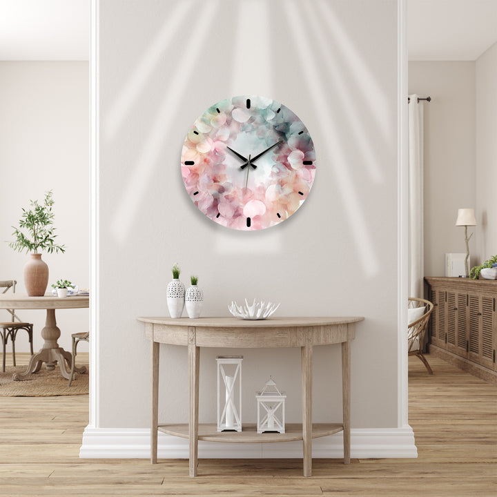Pastel Hydrangea Glass Wall Clock – Pink Floral Wreath Decor
