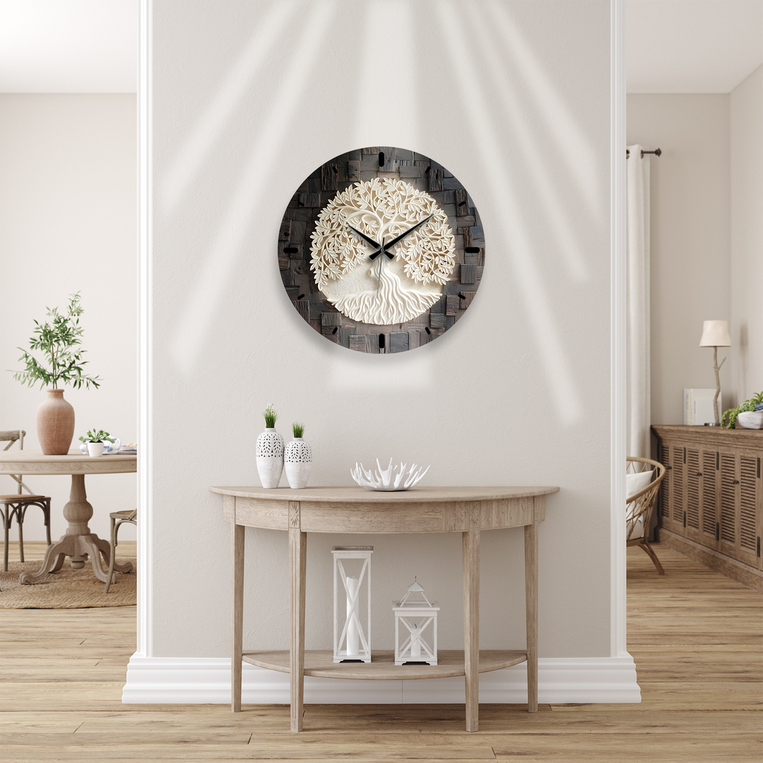 Tree of Life Glass Wall Clock – Rustic Wood Look Decor