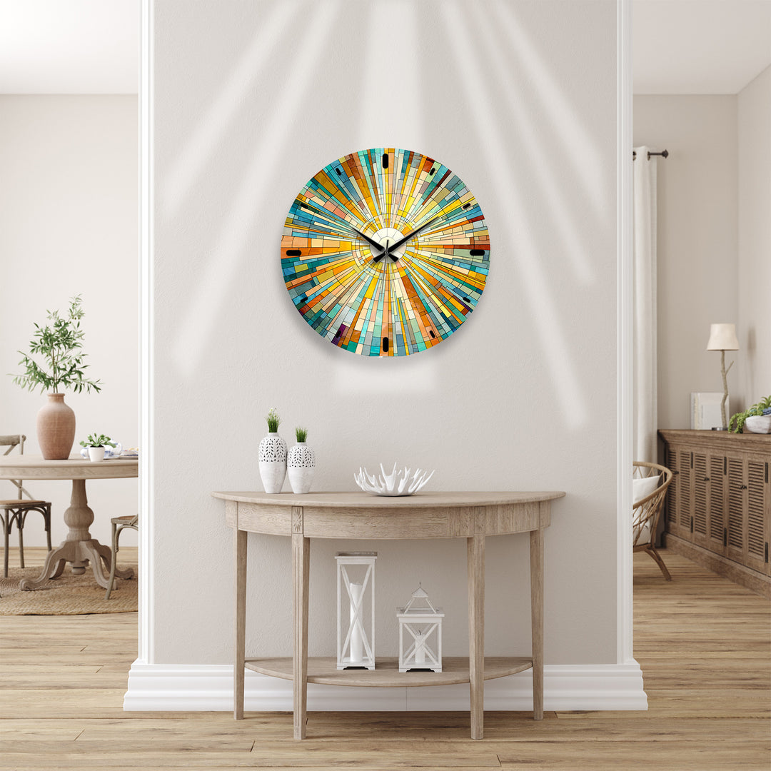 Geometrische Sunburst-Glaswanduhr – Bunte Mosaikkunst