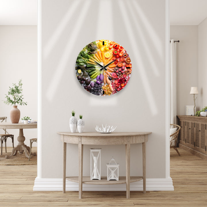 Vegetable Glass Wall Clock – Colorful Farmhouse Kitchen Decor