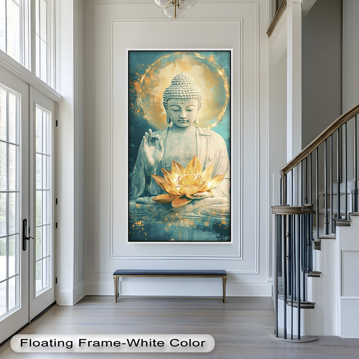 A serene portrait of Buddha with a golden lotus, set against a calming teal background with soft glowing light.