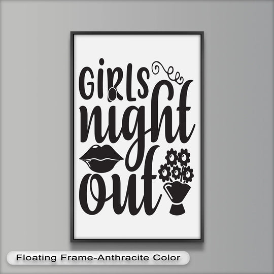 Black and white typography-themed oil painting art piece shows a 'Girls Night Out' quote, blending a striking color scheme with a playful, stylish design.