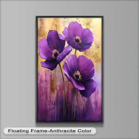 Geometric composition highlights the vertical rectangles of gold and purple in this framed oil painting artwork depicting Velvet Blossoms – Purple Floral Elegance with Gold Flower.