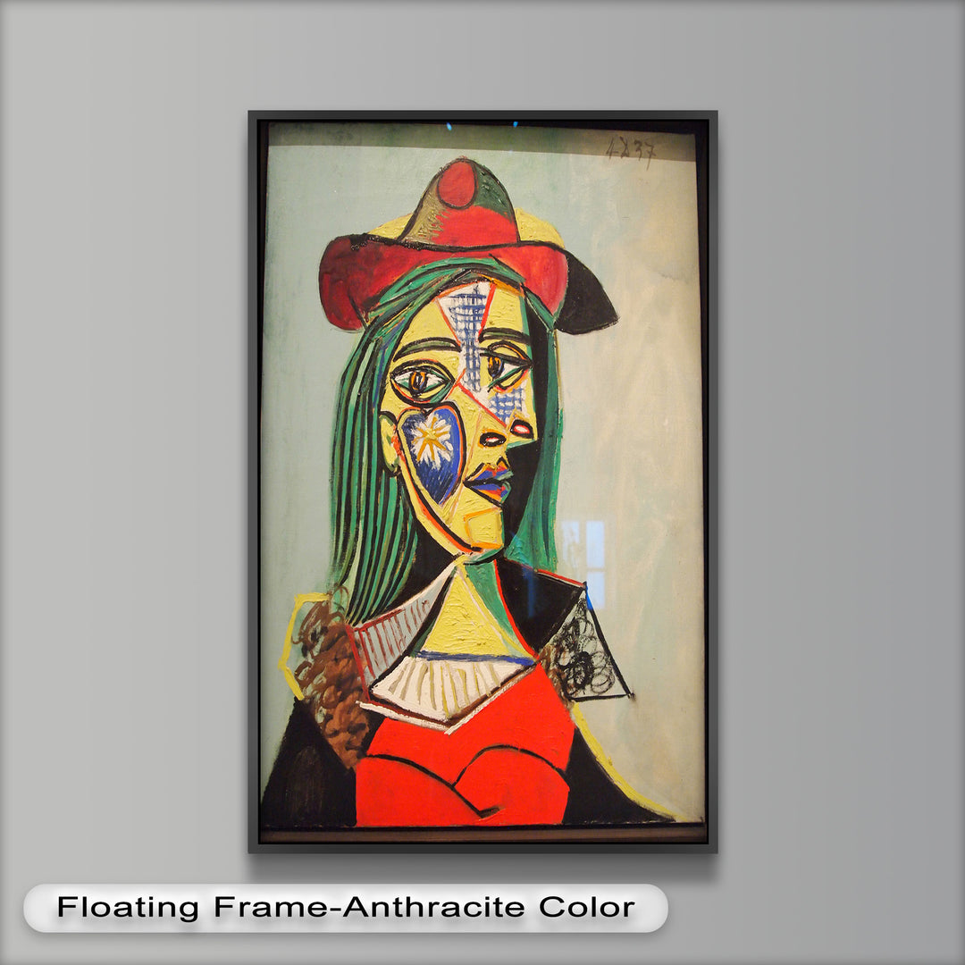 Strahlender Blick – Frau mit rotem Hut, kubistisches Porträt, Picasso-Ölgemälde