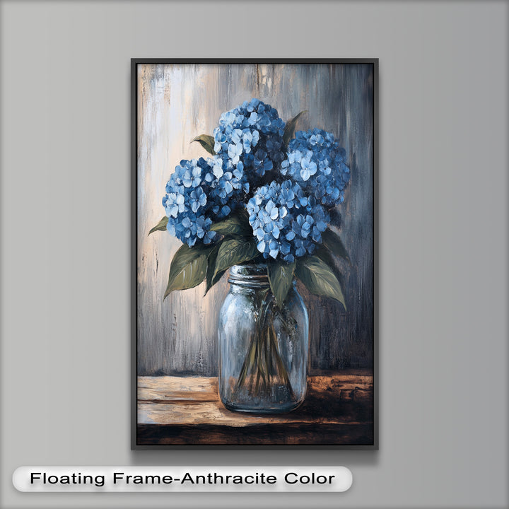 Blaue Gelassenheit – Hortensienblüten im Einmachglas, Blumenölgemälde