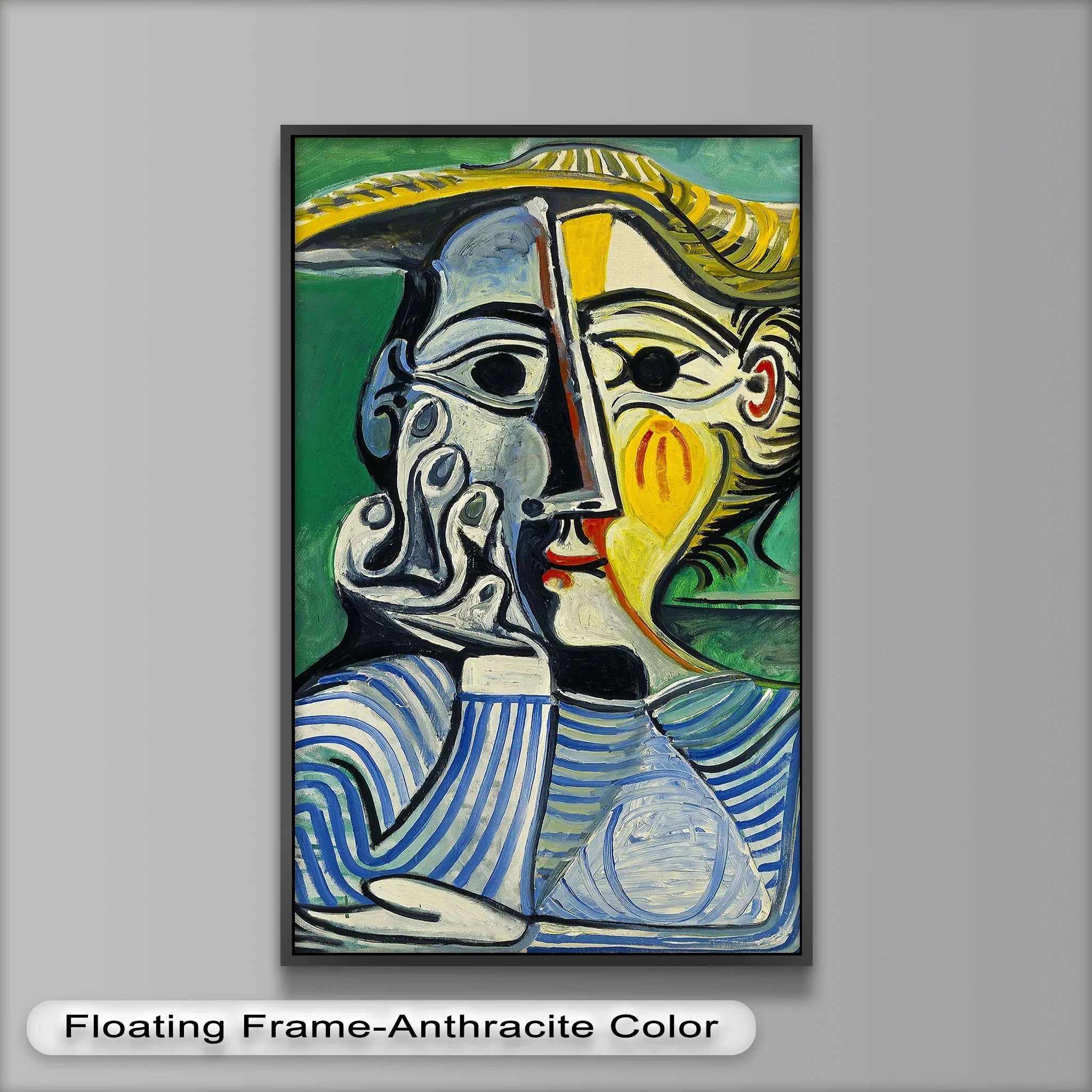 Pensive Gaze – Striped Woman in Sun Hat Picasso Oil Painting