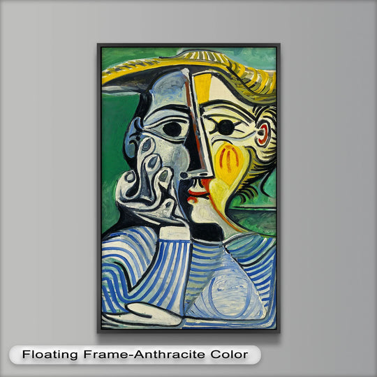 Green dominates this Pensive Gaze oil painting reproduction print of a woman in a striped shirt and sun hat, reminiscent of Picasso's iconic style.