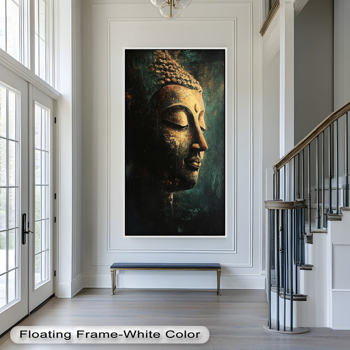 A spiritual portrait of Buddha with closed eyes and a gentle expression, rendered in earthy tones and deep shadows.