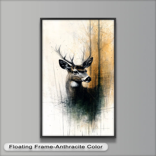 Impasto surface texture enhances the animal oil painting art piece depicting a majestic deer portrait with rough, earthy tones and fine details.