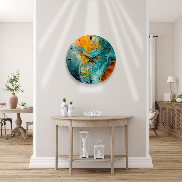 Fluid Art Glass Wall Clock – Teal and Gold Abstract Pour Decor