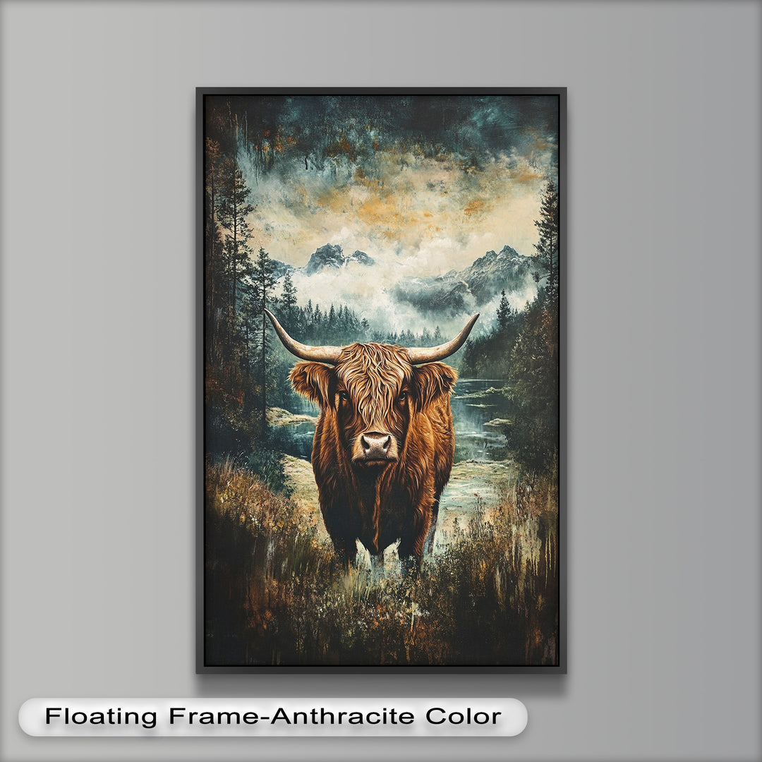 Highland Cow in Misty Pines – Wilderness Oil Painting