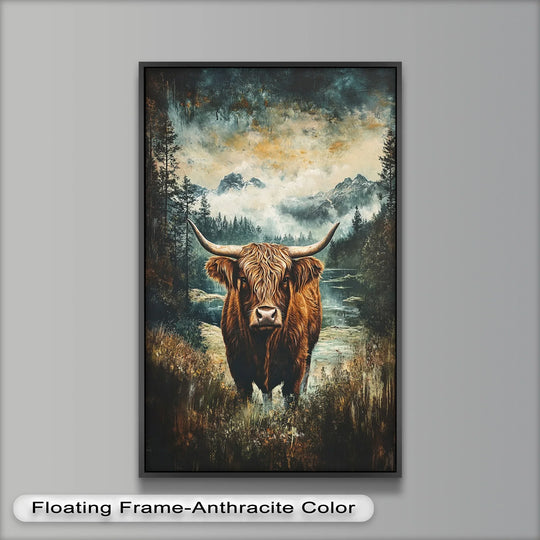 Highlighting the brightest area in this wilderness oil painting, the misty pines and mountains accent the Highland cow in stunning oil painting art prints.
