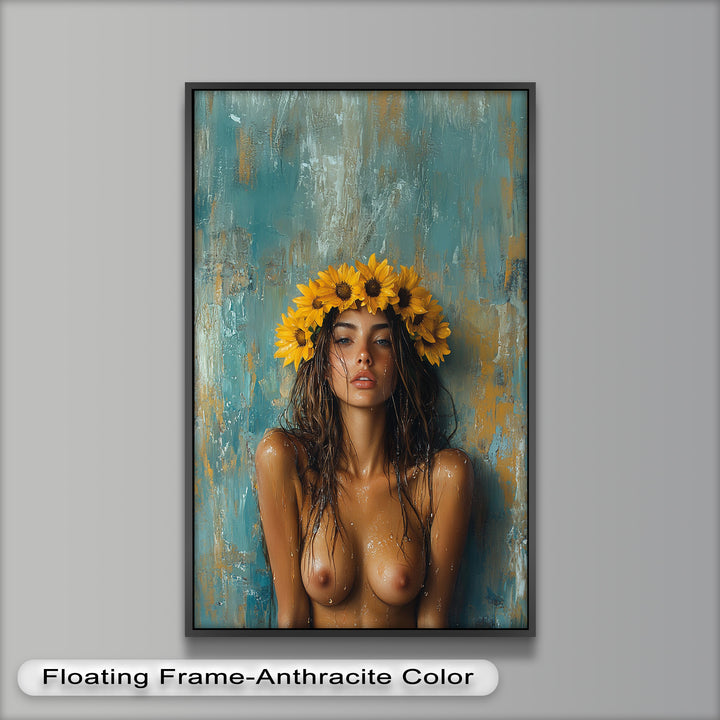 Sun-Kissed Solstice – Woman with Sunflower Crown Abstract Oil Painting