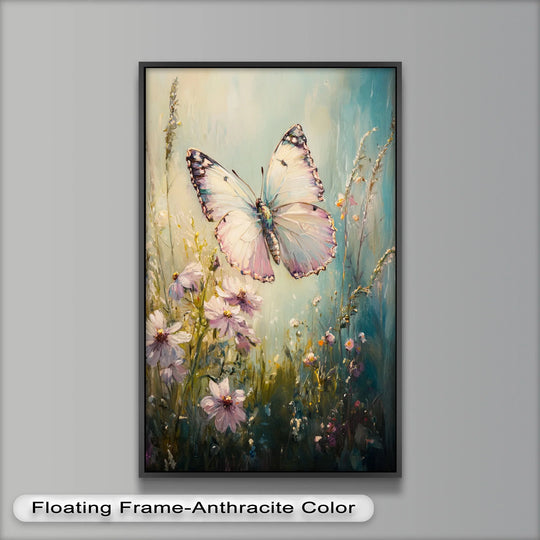 Textured brushstrokes define the surface texture of this animal oil painting art prints depicting a butterfly fluttering among wildflowers.