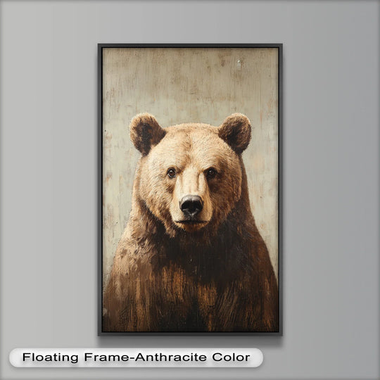 Examining the layering effect, this captivating animal oil painting reproduction print presents a textured brown bear portrait, offering depth within a striking floating frame.