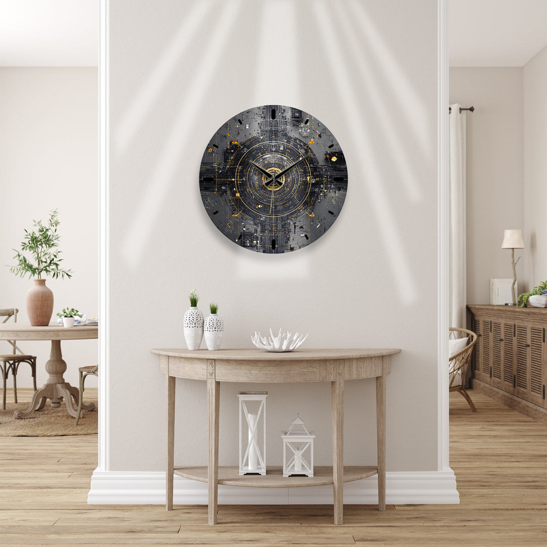 Industrial Abstract Glass Wall Clock – Black and Gold Tech Art