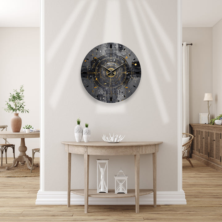 Industrial Abstract Glass Wall Clock – Black and Gold Tech Art