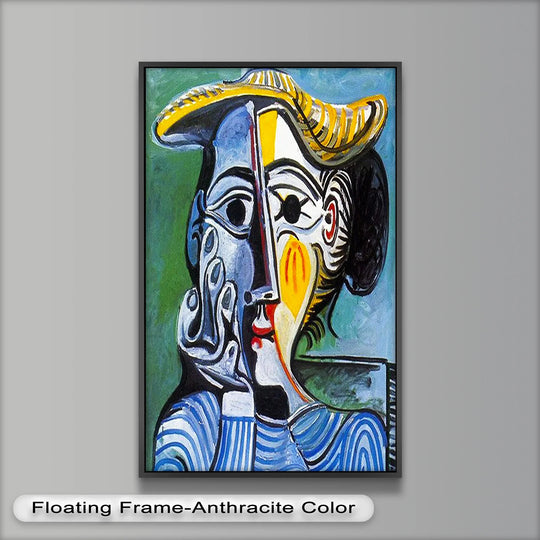 Softly blended green and blue colors create a background for this modern oil painting art that features a striking Cubist portrait of a woman in a striped shirt.