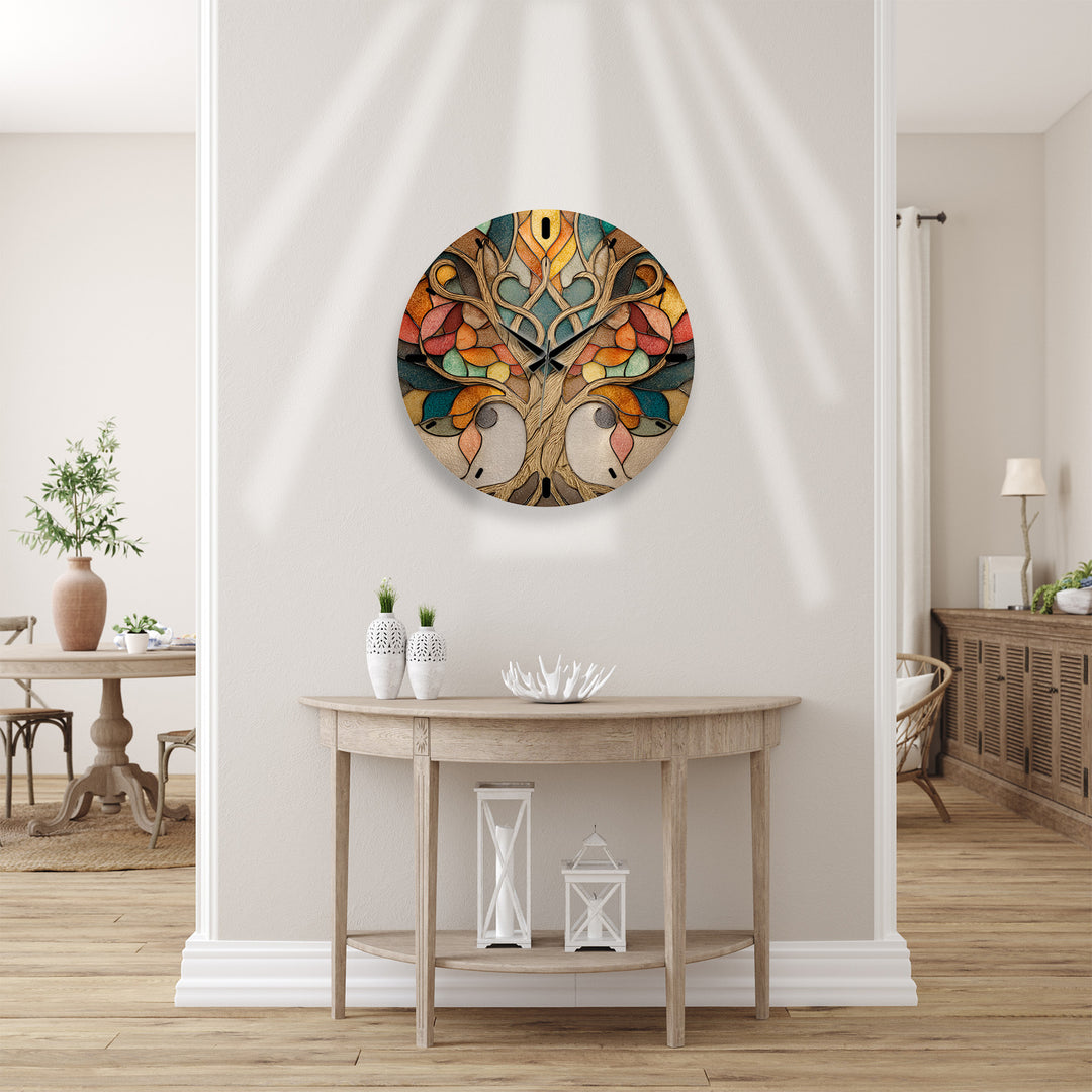 Autumn Tree of Life Glass Wall Clock – Stained Glass Style Decor
