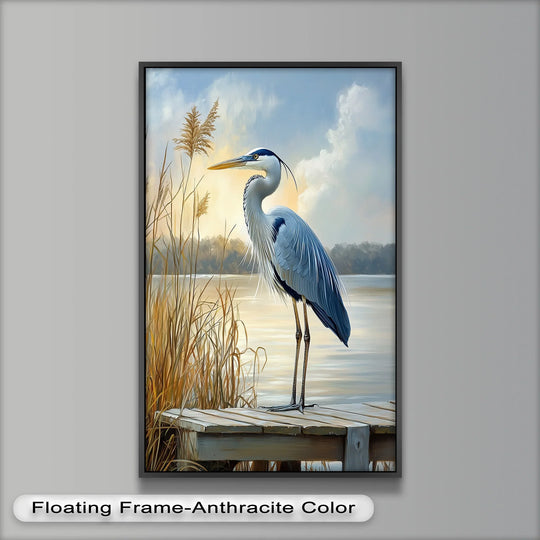 Observed in the darkest area, this animal oil painting wall art shows a majestic heron amidst a misty marshland scene captured in a realistic nature decor.