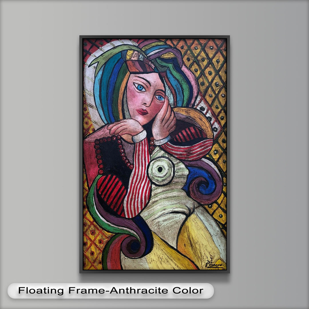Melancholy in Stripes – Colorful Cubist Woman Portrait Picasso Oil Painting