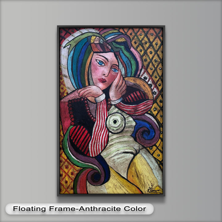 Melancholy in Stripes – Colorful Cubist Woman Portrait Picasso Oil Painting