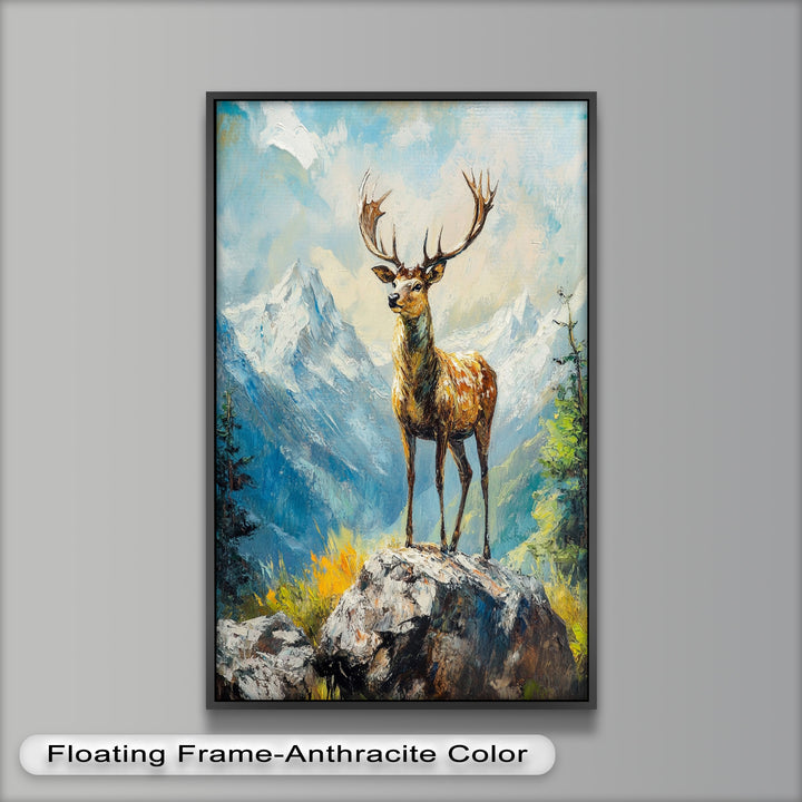 Stag in Mountain Landscape - Animal Oil Painting
