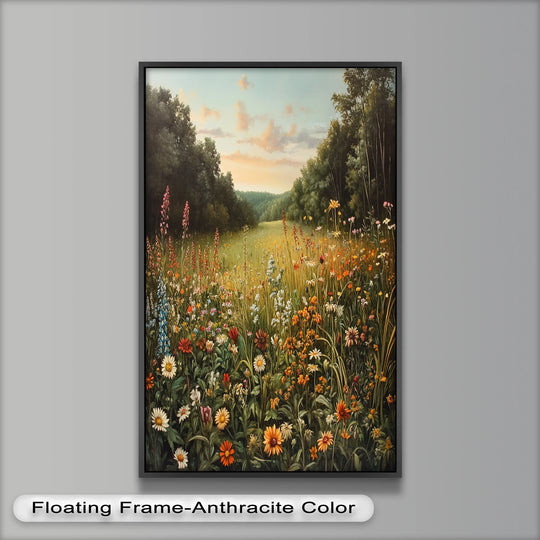 The central subject of this framed wildflower field Whispers of Meadow Bloom oil painting is a beautiful oil painting decoration, ideal for nature-inspired spaces.