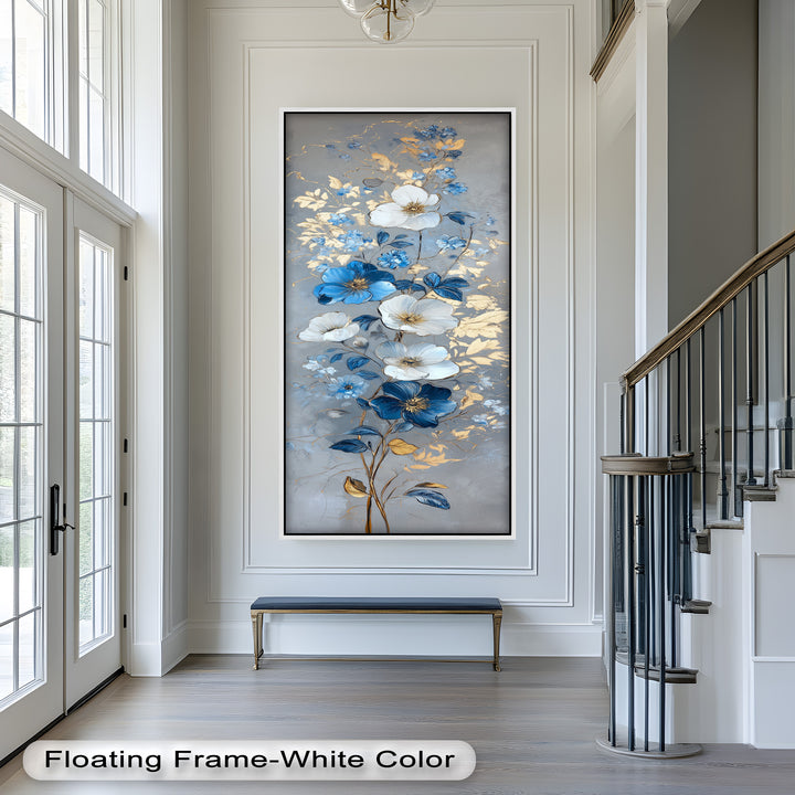 Blau-weiße Blüten Wandkunst – Blumenölgemälde