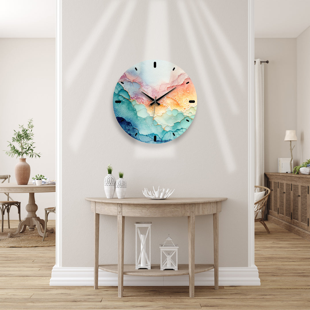 Pastel Fluid Art Glass Wall Clock – Pink and Teal Abstract Decor