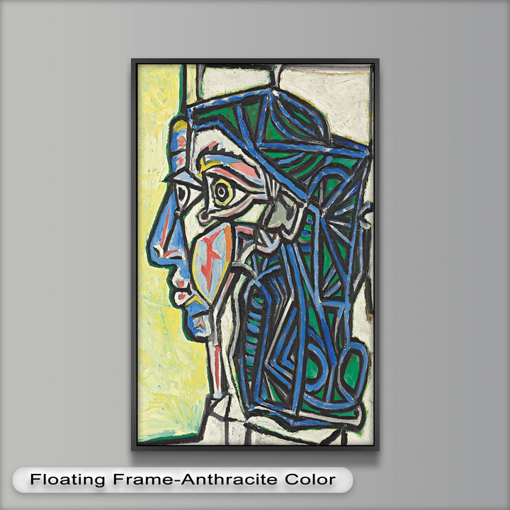 Angular Gaze – Geometric Portrait with Blue and Green Lines Picasso Oil Painting