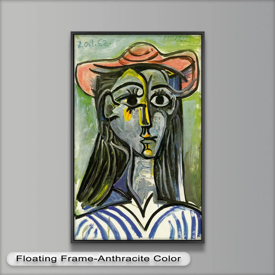 Visual rhythm pulses through this 'Striped Muse' oil painting art prints, where the bold brushstrokes and contrasting hues create a captivating female portrait.