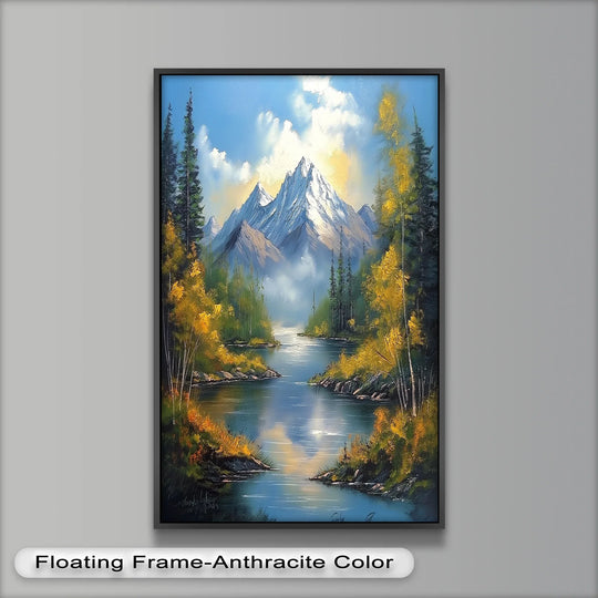 Realistic detail showcases the River and Snowy Mountain Landscape Hudson River oil painting decoration, capturing the texture of mountain peaks and golden trees.