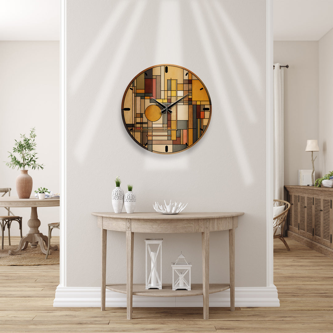Art Deco Geometric Glass Wall Clock – Warm Retro Abstract Art
