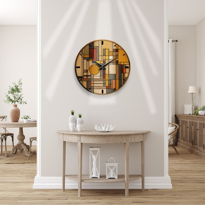 Art Deco Geometric Glass Wall Clock – Warm Retro Abstract Art